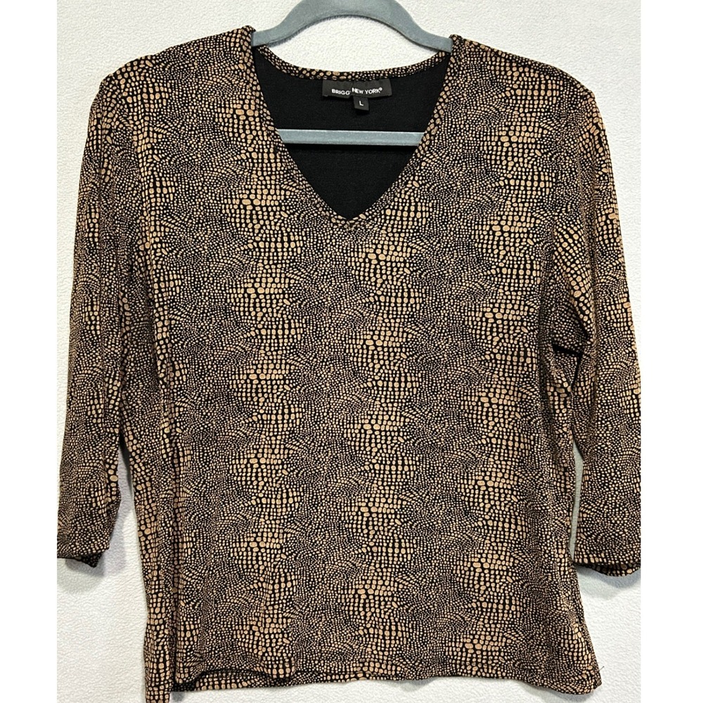 Women Size Large V Neck Top Black Tan 3/4 Sleeve Stretch Office Work Casual